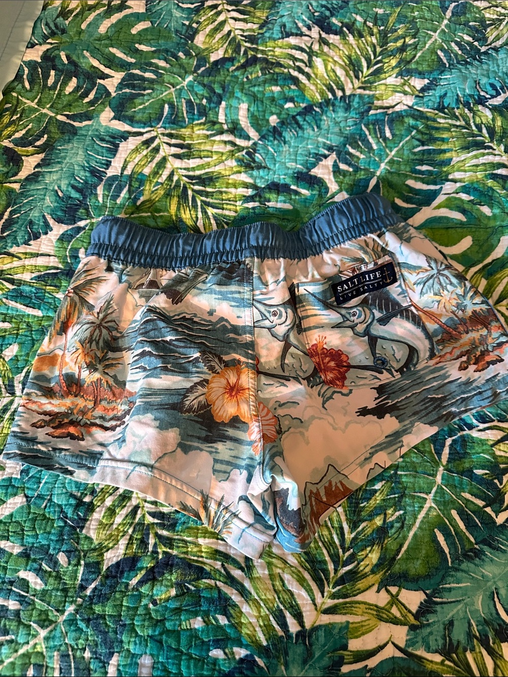 Salt Life Tropical Hibiscus Swim Boat Shorts - Blue & Orange - Picture 4 of 4